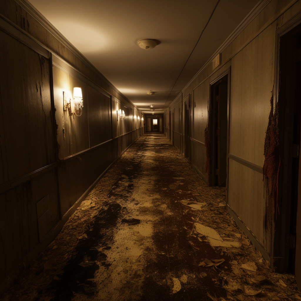 The corridor of a decrepit hotel