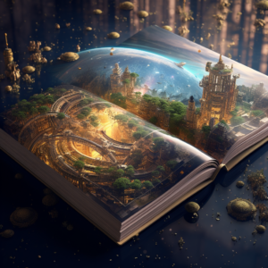 Mystical book with a magical world emanating from it's pages.