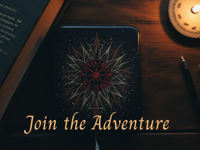 Image of a mystical tablet. Text overlay: "Join the Adventure". Subscription button.